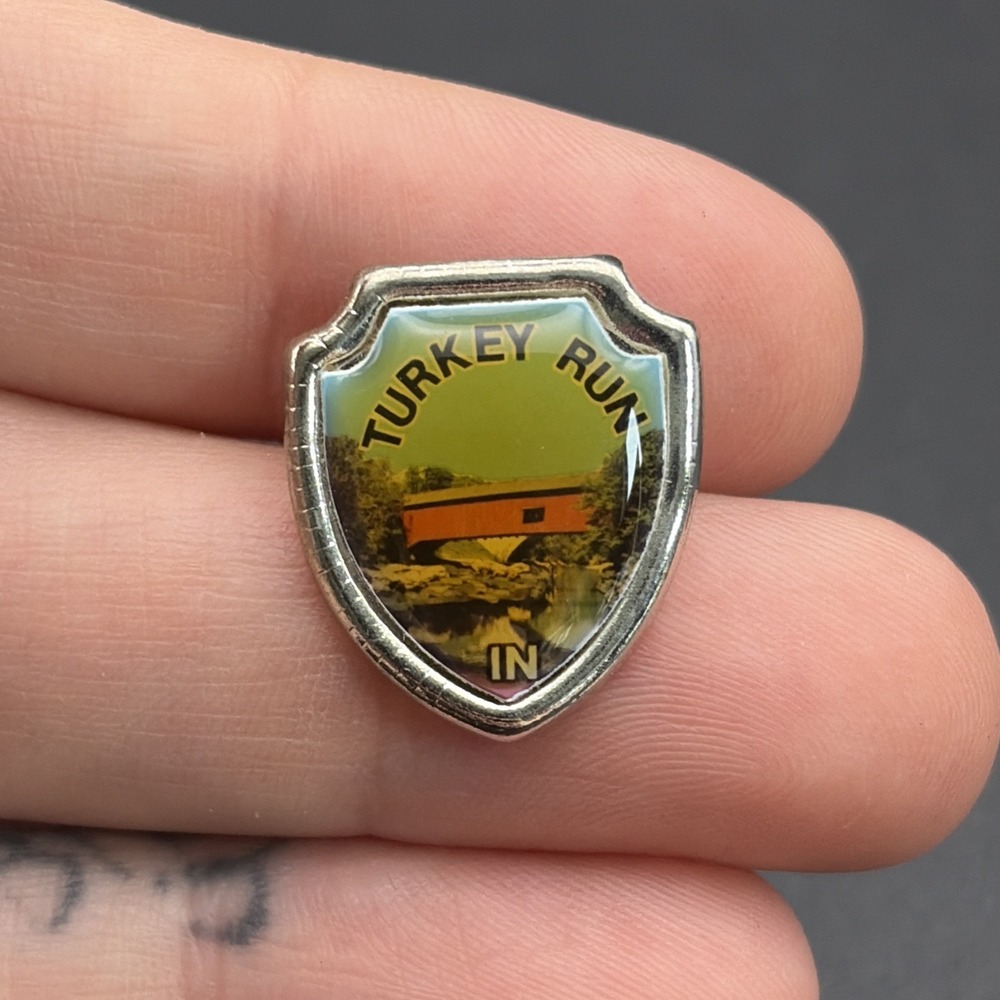 Turkey Run Indiana Covered Bridge Shield Crest Lapel Hat Pin
